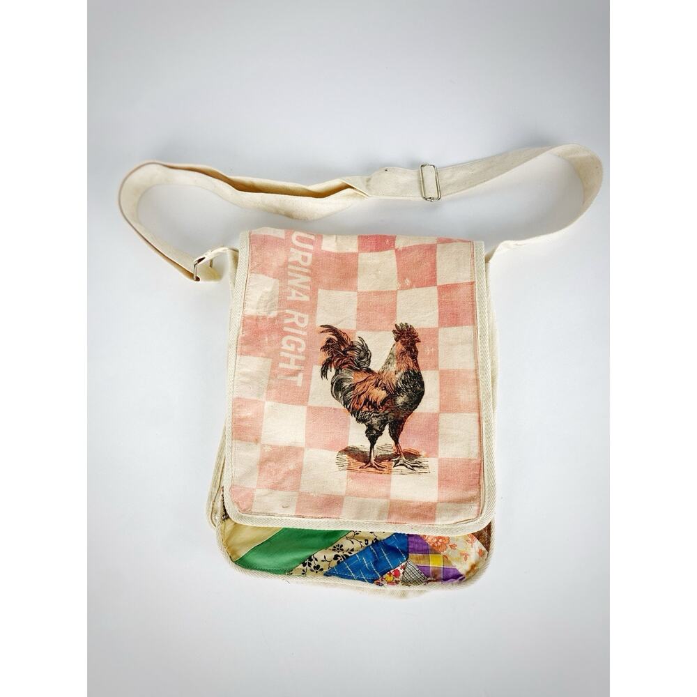 Handmade Upcycled VTG Feed Sack & Quilt Messenger Sling Bag - Chicken Farmhouse